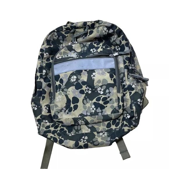 L.L. Bean Green Camo Paw Print Backpack Padded Zippers Pocket School Book Bag M - Picture 1 of 10